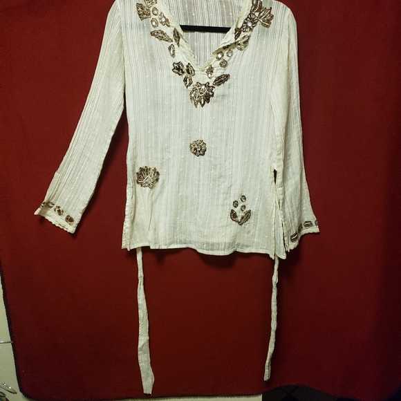 VINTAGE SEDUZIONE V NECK TOP W/ APPLIQUE/BEADS/STONES /SLIT BELL SLEEVES/S/ - Picture 2 of 9